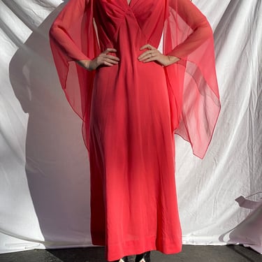 Angel Sleeves Maxi Dress / Chiffon Sleeves Boho Maxi Gown / Vintage Pink Long Dress / Seventies Bohemian Valentines Day Dress 