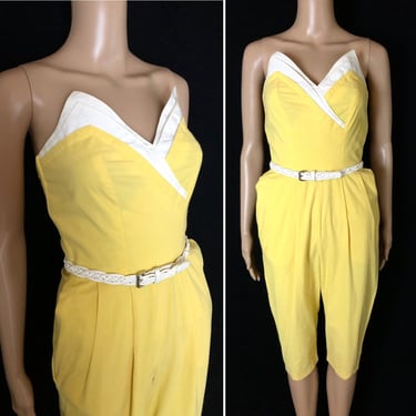 Vintage 1950's Yellow & White Cotton Strapless Jumpsuit / Vintage Playsuit / Vintage Romper - size Small XS 
