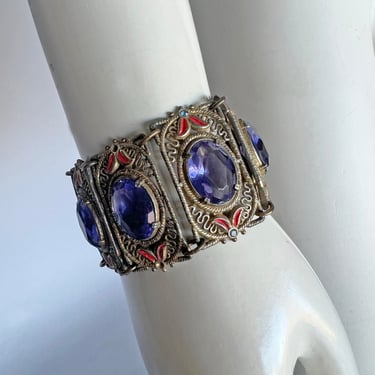 vintage 1940s 1950s Czech oversized glass jewel & metal filigree statement bracelet 