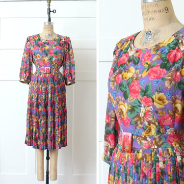 vintage 1990s floral dress • puff sleeve belted dress in purple pink & green • knife pleat skirt 