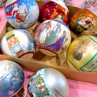 VINTAGE: 8pcs - Mixed Hallmark Glass Ball Christmas Ornaments - Holiday Tree Ornaments 