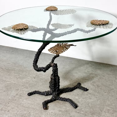 Vintage Bronze & Glass Brutalist Bosai Tree Side Table in the Manner of Silas Seandel 