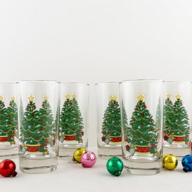 Set of 6 Vintage Homeco Christmas Tree Glasses, Holiday Tumblers, Retro Christmas, Highball Bar Glassware 
