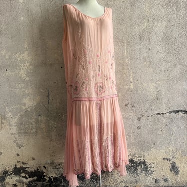 Antique 1920s Pink Silk Chiffon Bugle Beaded Dress Floral Design Maxi Vintage