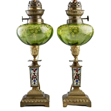 Antique Lamps, Oil, French ChamplevÃ© and Art Gla, Pair, Green Glass, 1800's!!