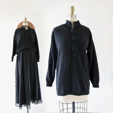 black button front pullover sweater - s - vintage 80s 90s womens size small pullover natural cotton long sleeve top drop shoulder 