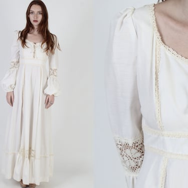 Ivory Lace Up Corset Maxi Dress / Renaissance Faire Style Clothing / 70s Prairie lLace Sleeves / Sheer Floral Solid Bridal Maxi Dress 