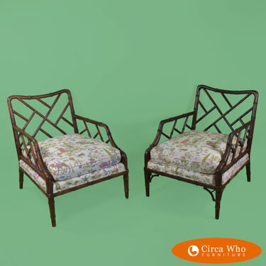 Pair of Faux Bamboo Chippendale Lounge Chairs