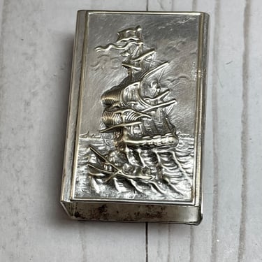 Antique Sterling Plated Match Box Cover Marked Made in Holland Repousse Sailing Ship Schooner Pirate Ship Gift for Him Rare Collectible 