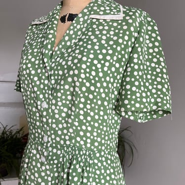 1940s Moss Green and White Dotted Dress Rayon 40 Bust Vintage 