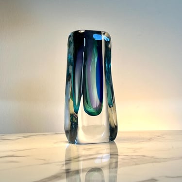 Signed “Da Ros” Sommerso glass vase in green, cobalt blue and lilac over clear glass 