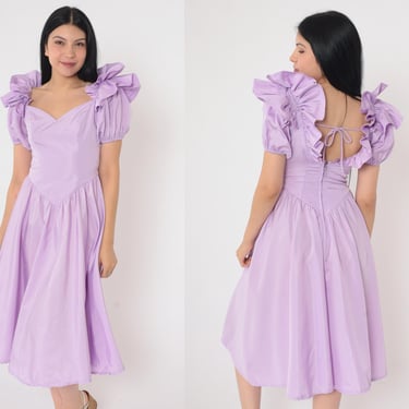 80s Purple Prom Dress Princess Party Dress Ruffled Puff Sleeve Dress Basque Waist Sweetheart Neckline Ball Gown 1980s Vintage Formal Small 