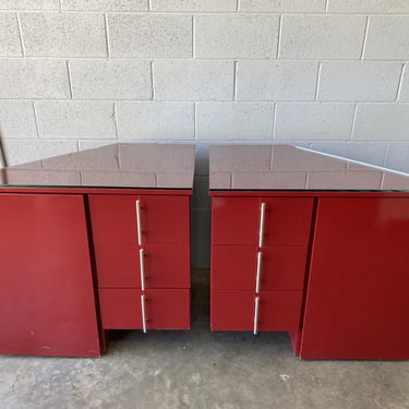 Vintage Red Cabinets with Glass Top, Pair
