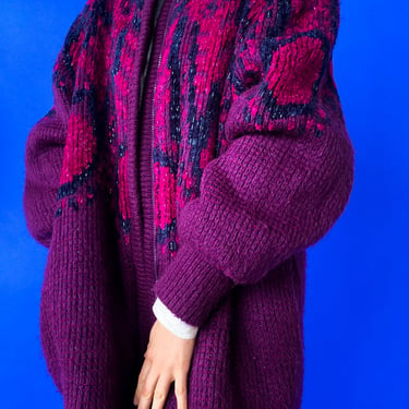 1980s Plum Chunky Zip Up Sweater, sz. L/XL