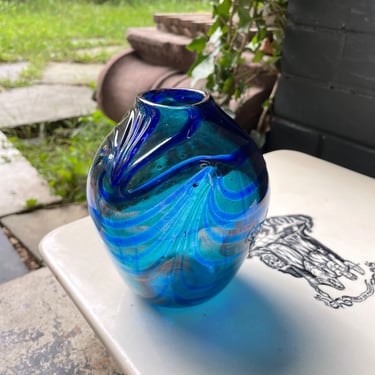 Vintage 1970s Art Glass Vase Signed Bennett 75 Blue Swirl Pontil Marked 