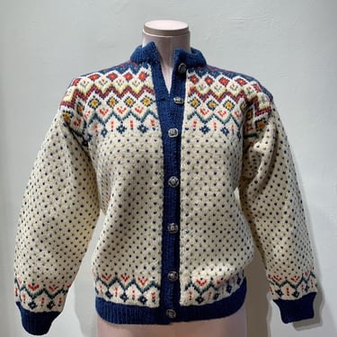 Vintage Norwegian Cardigan Sweater - Knit By Hand - 100% Wool in a Cream with Blue, Red, Green, & Mustard - Women's Size Medium 