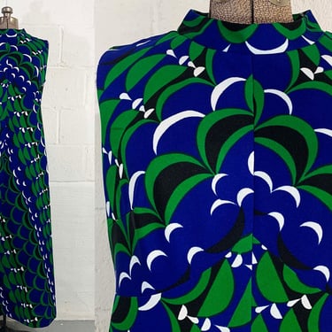 Vintage Mod Maxi Dress Blue Green Psychedelic Geometric Print Hostess Gown Mandarin Twiggy Sleeveless Large 1960s 