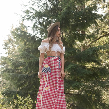 70's Gingham Maxi Skirt, 26 27 Waist Red White + Blue Country Folk Skirt, Boho Calico Cotton Prairie Skirt, Vintage Button front Maxi Skirt 