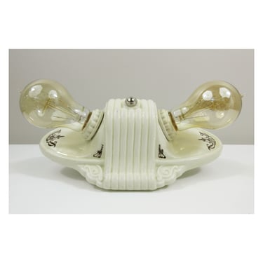 Refurbished Antique Porcelier Dual Light Flush Mount Ceiling Fixture - Brown Transferware - 1930 Deco Period 