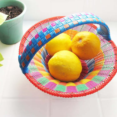 Vintage Colorful Plastic Woven Basket Bowl - Multicolor Small Plastic Fruit Vegetable Basket - Quirky Home Decor 