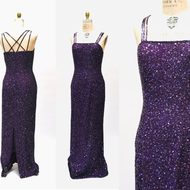 Vintage 90s 2000s Y2K Silk Beaded and Sequin Evening Gown Scala Dress Purple Beaded Dress Silk Chiffon Evening gown Prom Dress Medium Large 