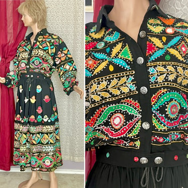 Mirror Sequins Embroidered 2 Pc Outfit, Jacket/Skirt, Ornate Stitching, Bright Colors, Boho Vintage 70s 80s 