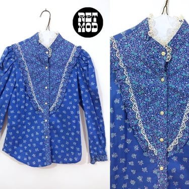 Hippie Vintage 70s 80s Periwinkle Blue Floral Gunne Sax Vibe Long Sleeve Cotton Blouse 