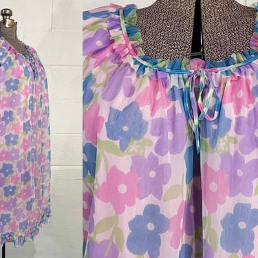 Vintage Flower Power Nightgown Pajamas Silver Crest PJ Sleep Floral Pink Sleepwear Dress Teddy Babydoll Nylon 1960s 60s 1XL 1X XL XXL 