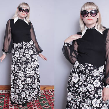 Vintage 1970's | Black & White | Floral | Sheer Sleeves | Large Collar | Maxi | Dress | S 