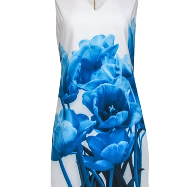 Ted Baker - White & Blue Floral Printed Shift Dress Sz 4