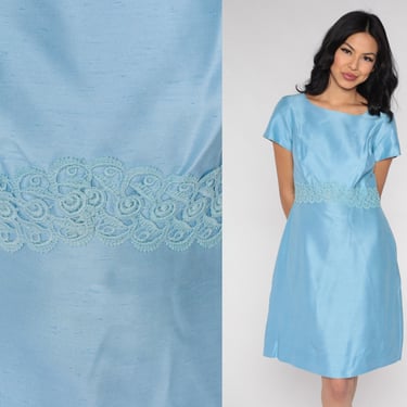 60s Mod Mini Dress Light Blue Dress 60s Party Lace Shift Short Sleeve Dress 1960s Gogo Vintage Sixties Twiggy Plain Minidress Medium 8 
