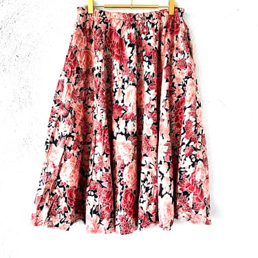 Vintage 70s Hawaiian Floral Skirt 1970s Boho Pink Full Skirt 