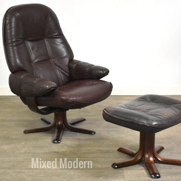 Danish Modern Leather Lounge Chair and Ottoman by Stouby 