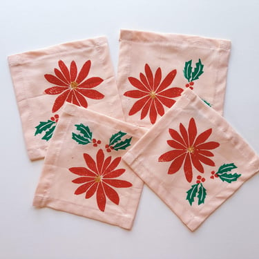 linen cocktail napkins. poinsettia on blush. hand block printed. boho decor. hostess or housewarming gift. holiday winter party 