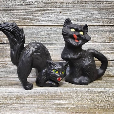 Vintage Cat Figurine Pair, Scary Spooky Kitty Cat, Halloween Decoration, Hissing Cat Figurine Ceramic Black Cats, Vintage Holiday Home Decor 