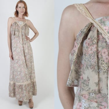 Romantic Long Bohemian Wedding Dress / 70s Country Prairie Layered Bodice / Vintage Cottagecore Festival Maxi Gown 