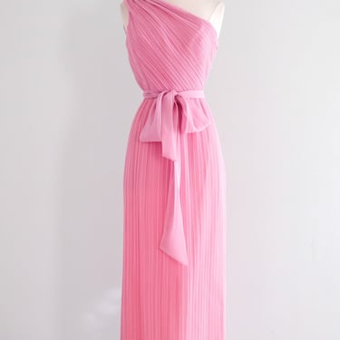 Sweet 1970's Orchid Pink Pleated Evening Gown by Miss Elliette / S