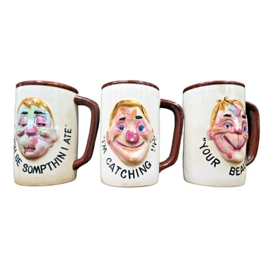 3 Vintage Enesco Funny Drunk Faces Beer Mugs w/ Hand Painted Faces - Japan 