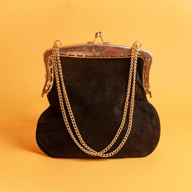 50s Black Suede Gold Frame Purse Vintage Strappy Chain Braid Crossbody Hand Bag 