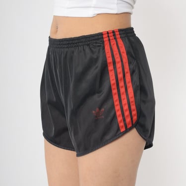 Vintage Adidas Running Shorts 80s Black Striped Nylon Shorts High Waisted Retro Jogging Shorts Gym Red Athletic Joggers Three Stripes Medium 