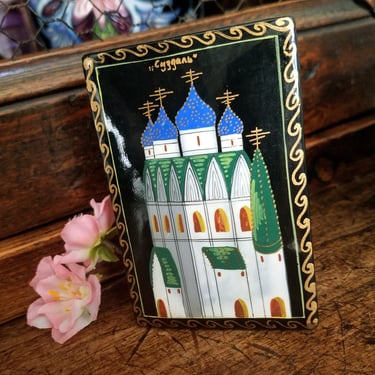 Signed Vintage RUSSIAN LACQUER Box~Black Lacquer Box Russian Orthodox Church~Detailed Hand painted Russian box~Jewelry Box~JewelsandMetals 