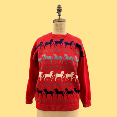 Vintage Wool Sweater Retro 1980s Preppy + Horses + Horseshoe + Red + Made in Killarney Ireland + NO SIZE + L/S Pullover + Womens Apparel 