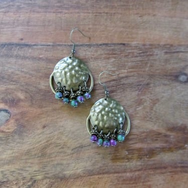 Chandelier earrings, hammered bronze and green and purple stone 