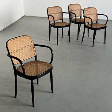 1 of 4 Vintage Bentwood Chairs in the style of Thonet ‘No. 811’ Chairs by Josef Hoffman, Black Bentwood and Cane, 1970s 