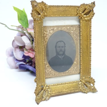 Antique 1800's Tin Type Photograph in Brass  Easel Back Frame, Vintage Victorian Tintype 