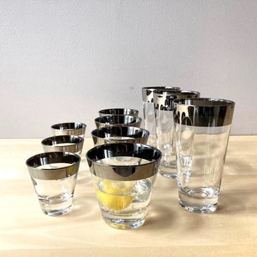 MCM vintage bar glasses wide silver rims - 10 piece tom collins tumblers lowball whiskey shot sipper 