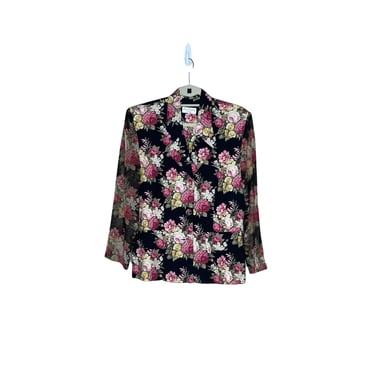 Vintage Ann Taylor Black Floral Cottagecore Sheer Sleeve Blazer Jacket, Size 8 