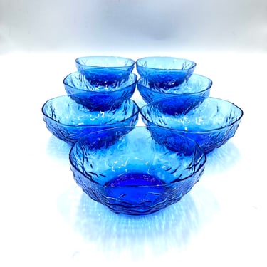 Vintage Morgantown Cobalt Blue Crinkle Glass Bowls, Soup or Cereal  Bowls, Set of 7, Mid Century Retro Glassware 