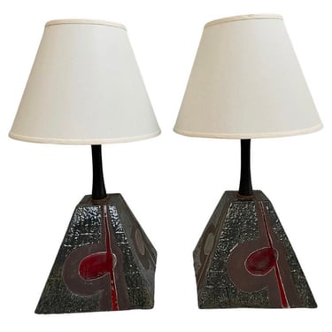 MCM Ceramic Brutalist Table Lamps, a Pair 