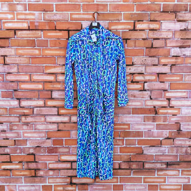 vintage 70s blue green abstract psychedelic print nylon maxi dress / xs extra small 